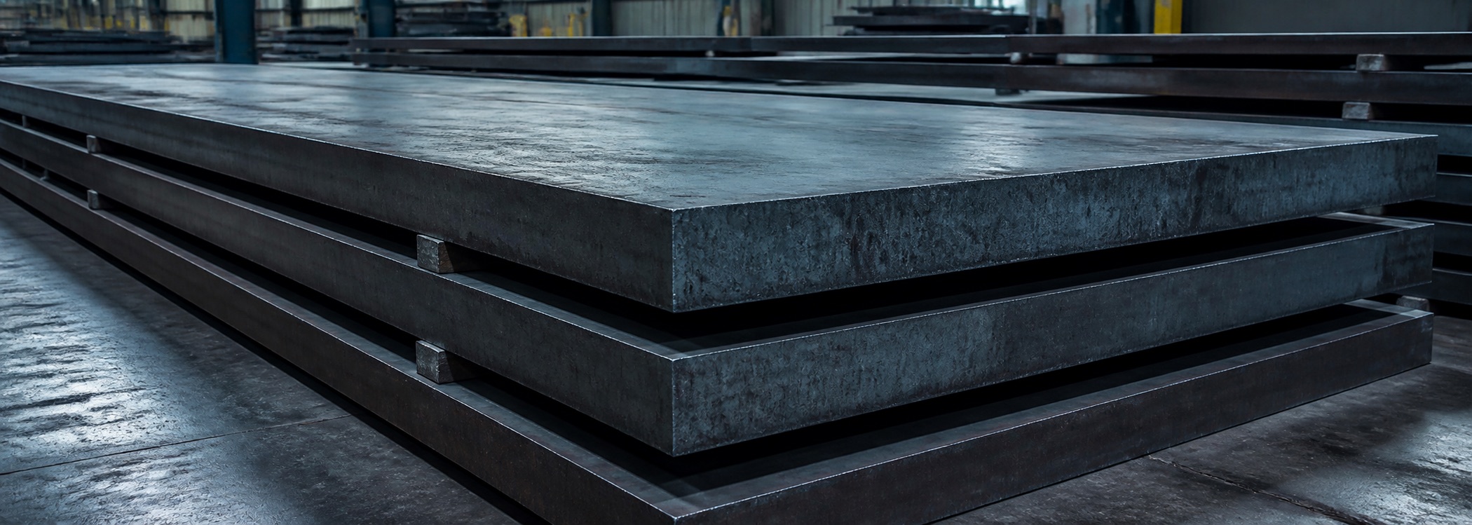 Stacked extra-thick special steel plates in a steel warehouse